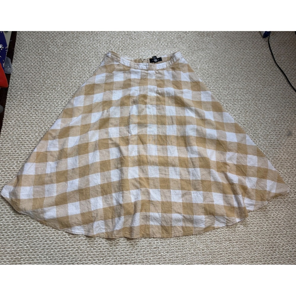Tan White Gingham Linen Blend Midi A-Line Skirt picnic flowy preppy size 6 - Picture 5 of 8